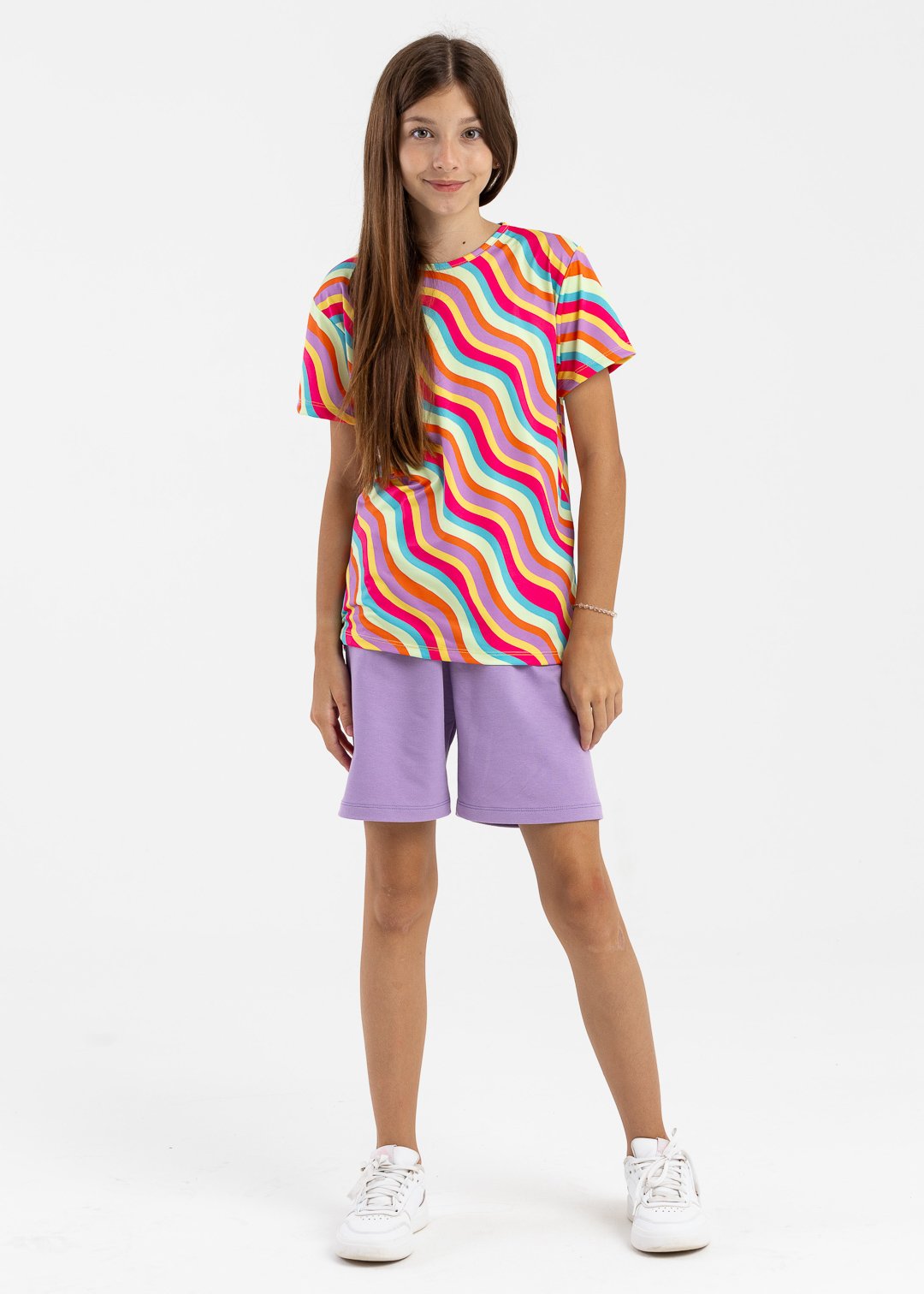 camiseta listrado colorido e shorts lilas molecotton 2