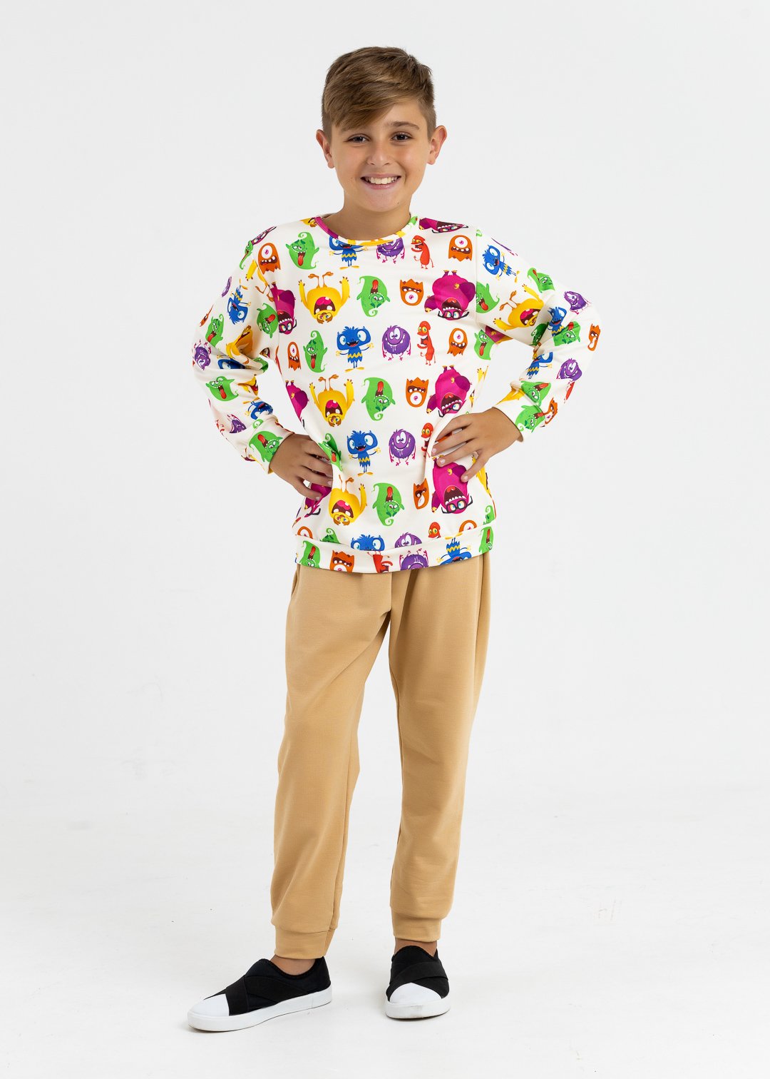 comprar moda infantil direto de fabrica online brilha kids conjunto monstros calca bege 2