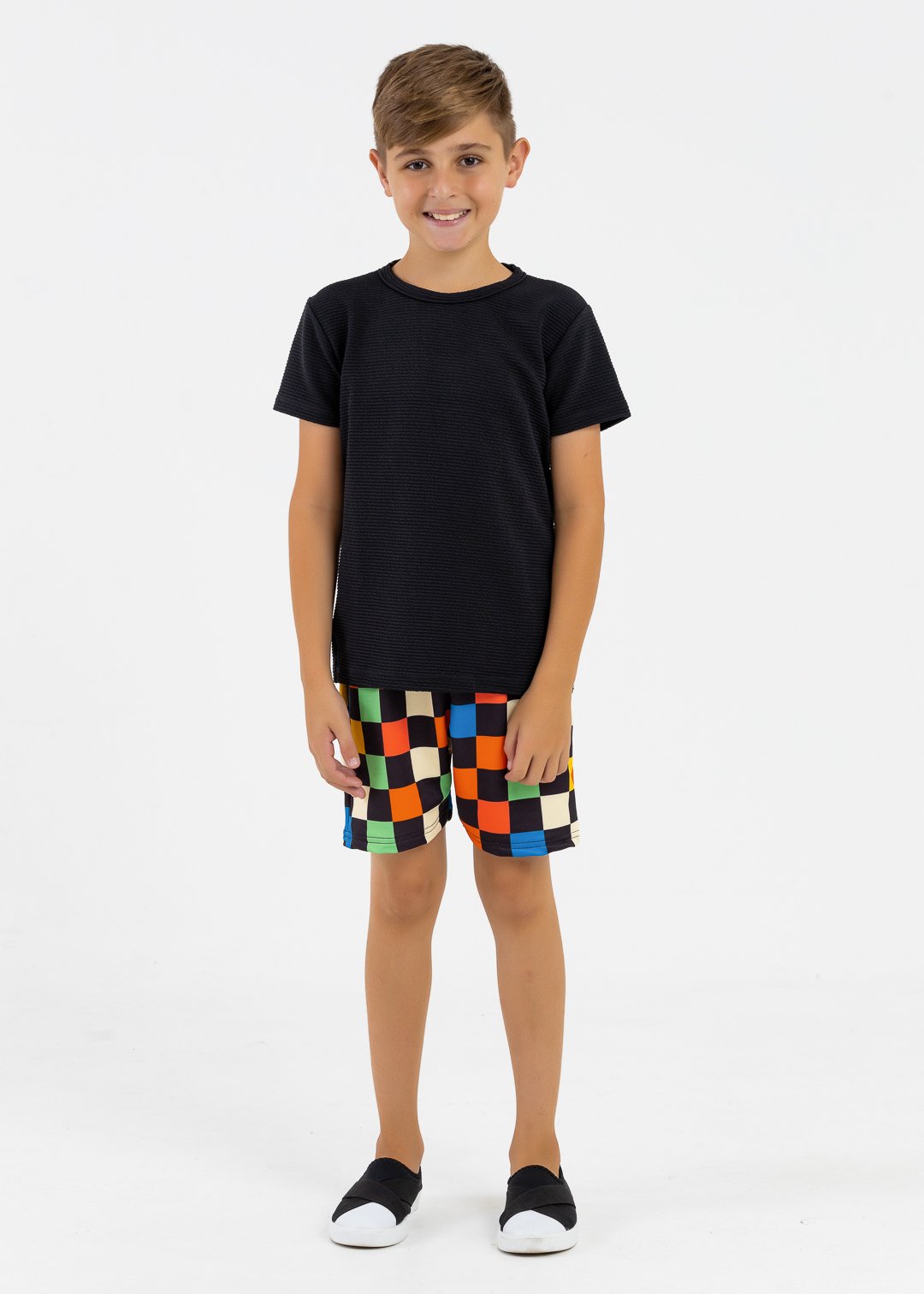 comprar moda infantil direto de fabrica online brilha kids bermuda xadrez camiseta preta