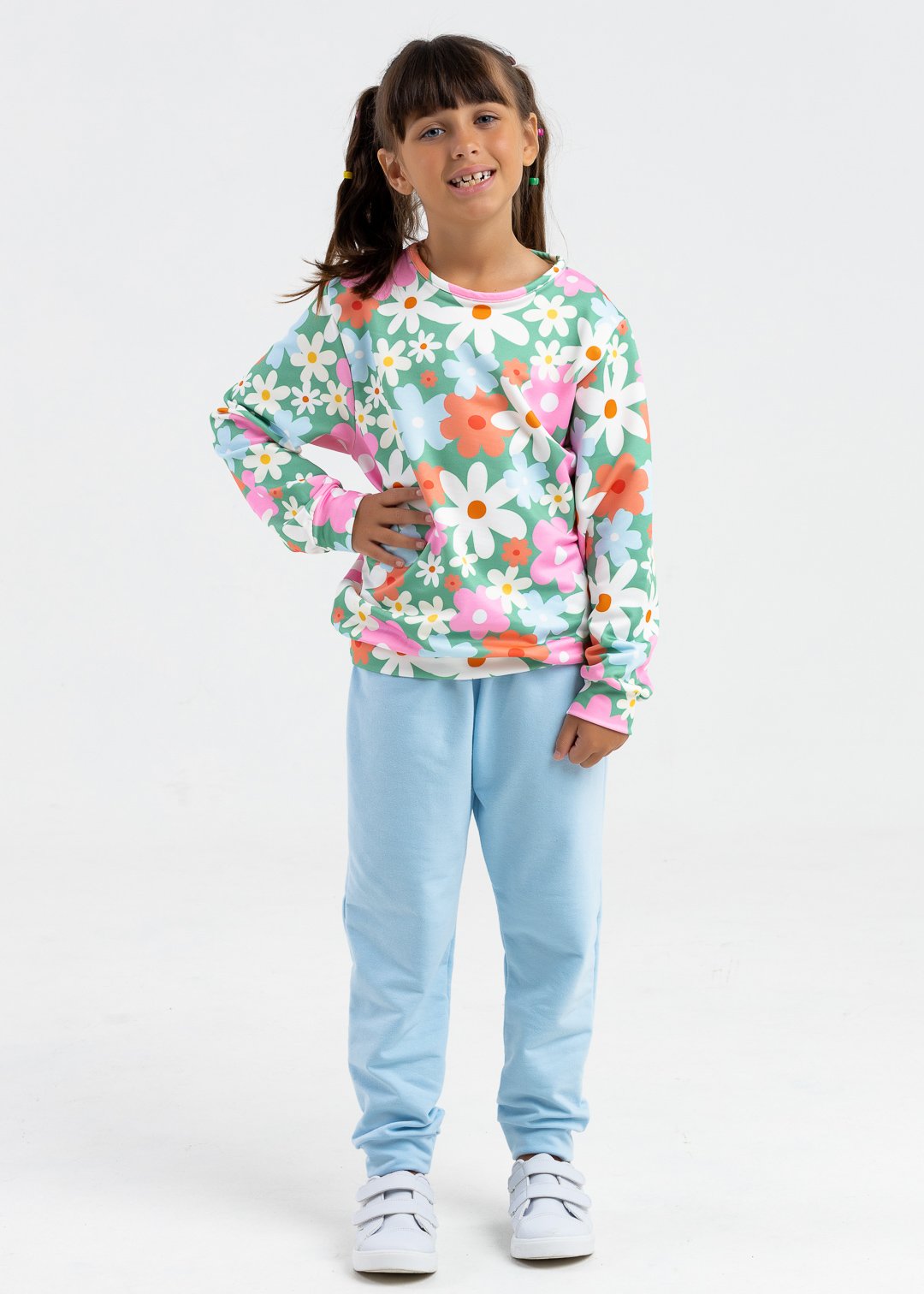 comprar moda infantil direto de fabrica online brilha kids casaco floral e calca azul bb