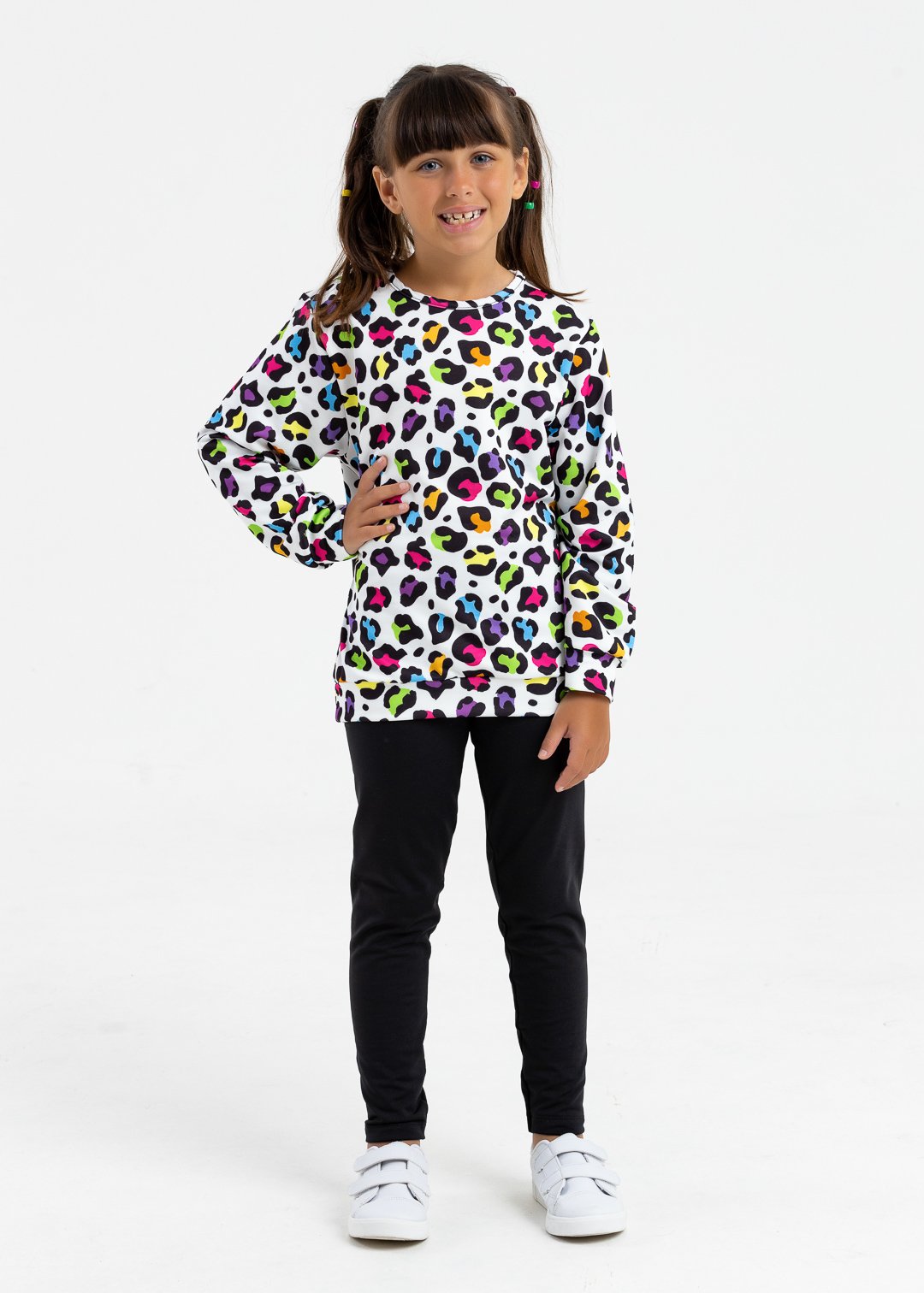 comprar moda infantil direto de fabrica online brilha kids onca colorida legging preto