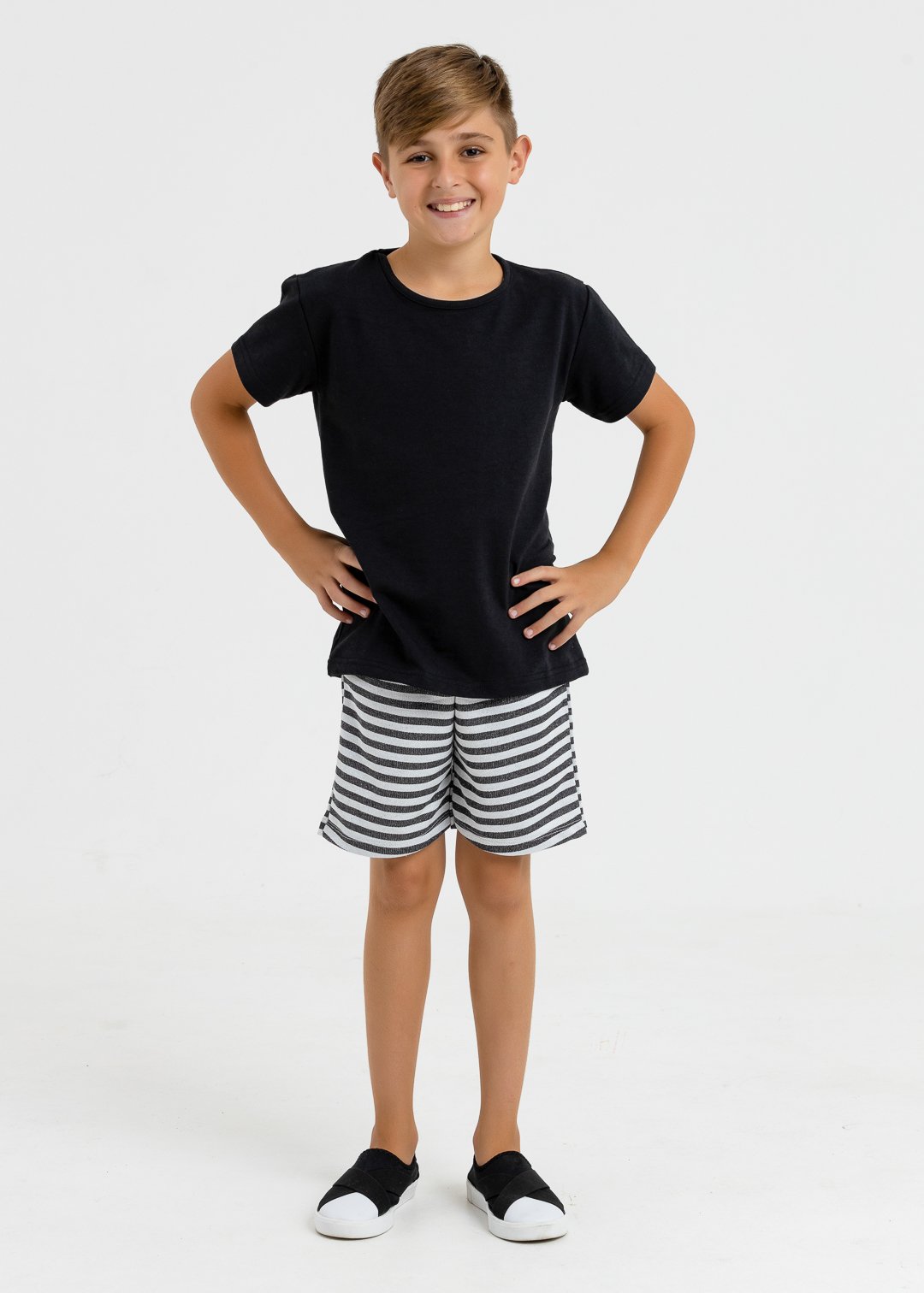 comprar moda infantil direto de fabrica online brilha kids molecotton camiseta preto bermuda listrado preto