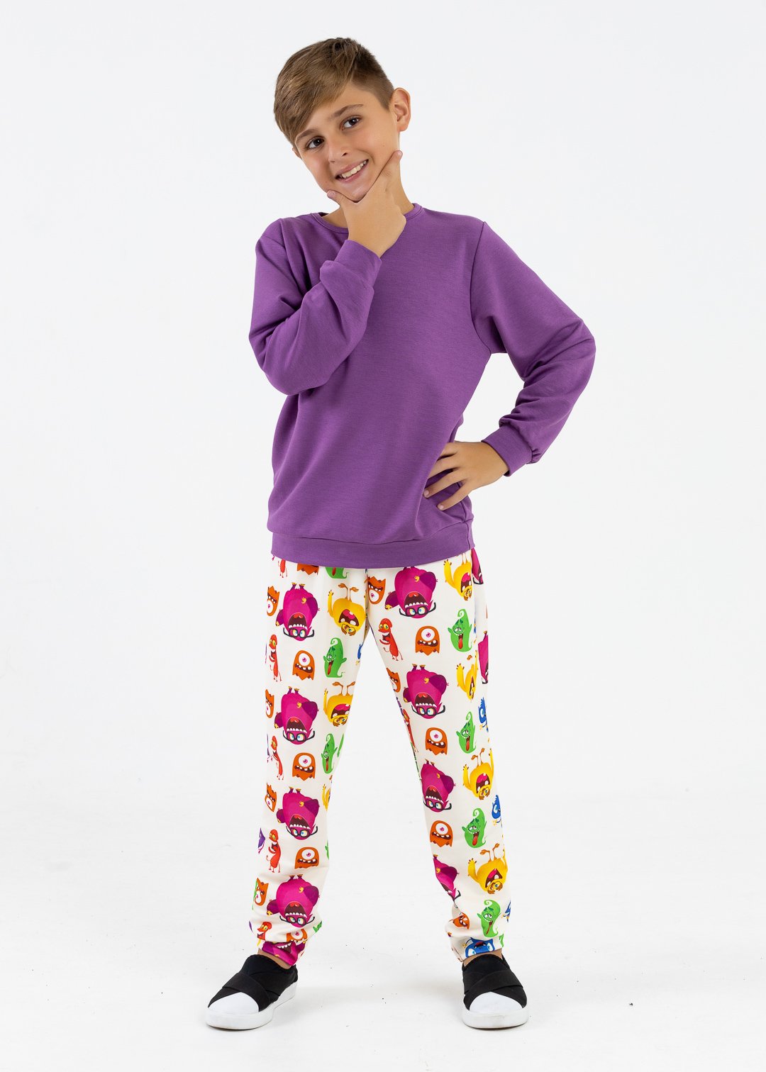 comprar moda infantil direto de fabrica online brilha kids casaco roxo calca monstros