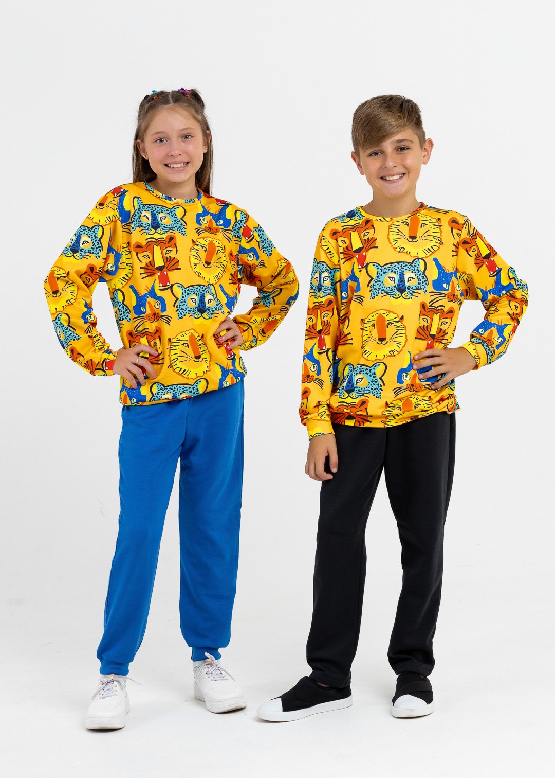 comprar moda infantil direto de fabrica online brilha kids molecotton animais tropicais tigre amarelo calca preto bainha e royal punho