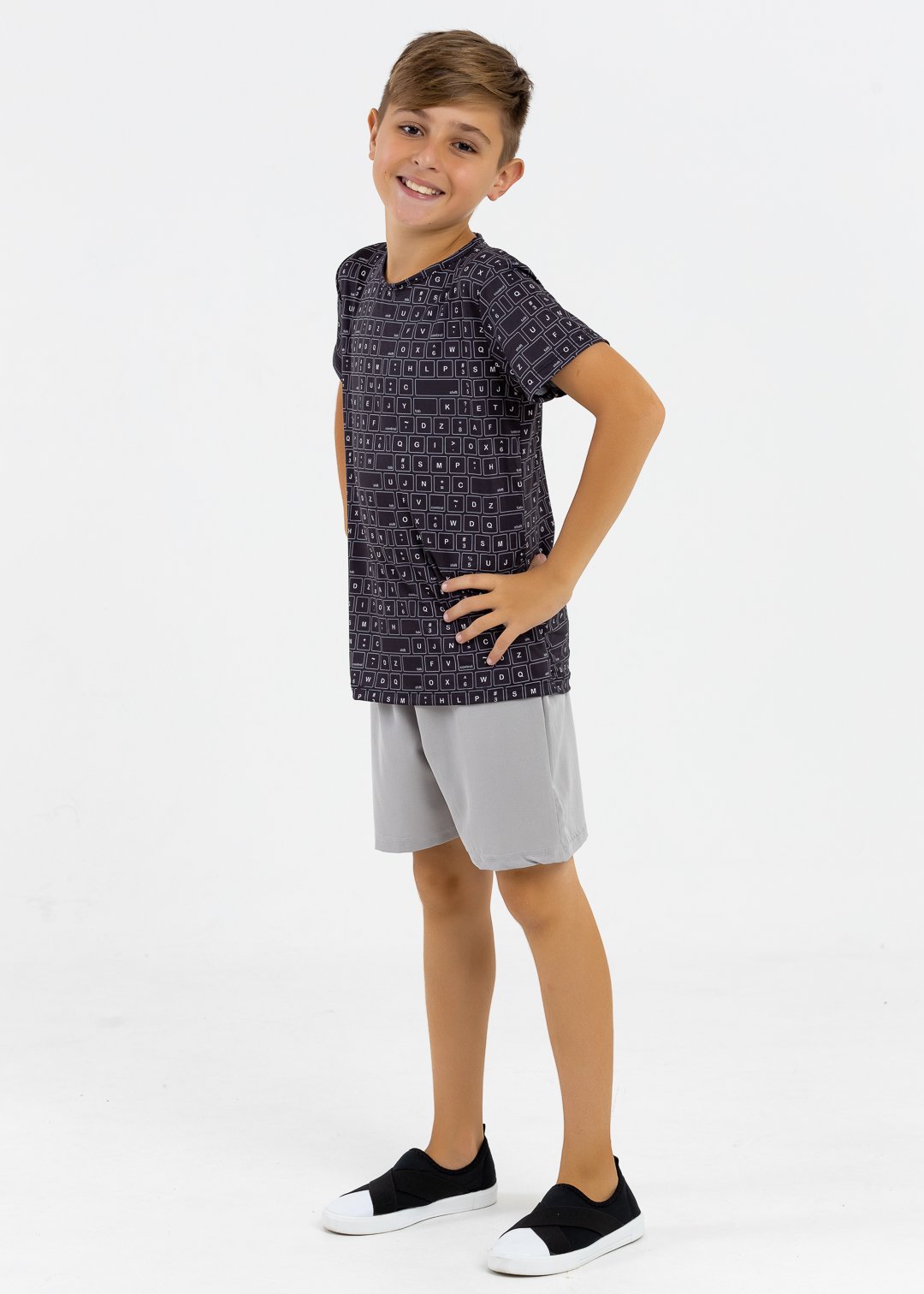 comprar moda infantil direto de fabrica online brilha kids camiseta teclas e bermuda tactel cinza