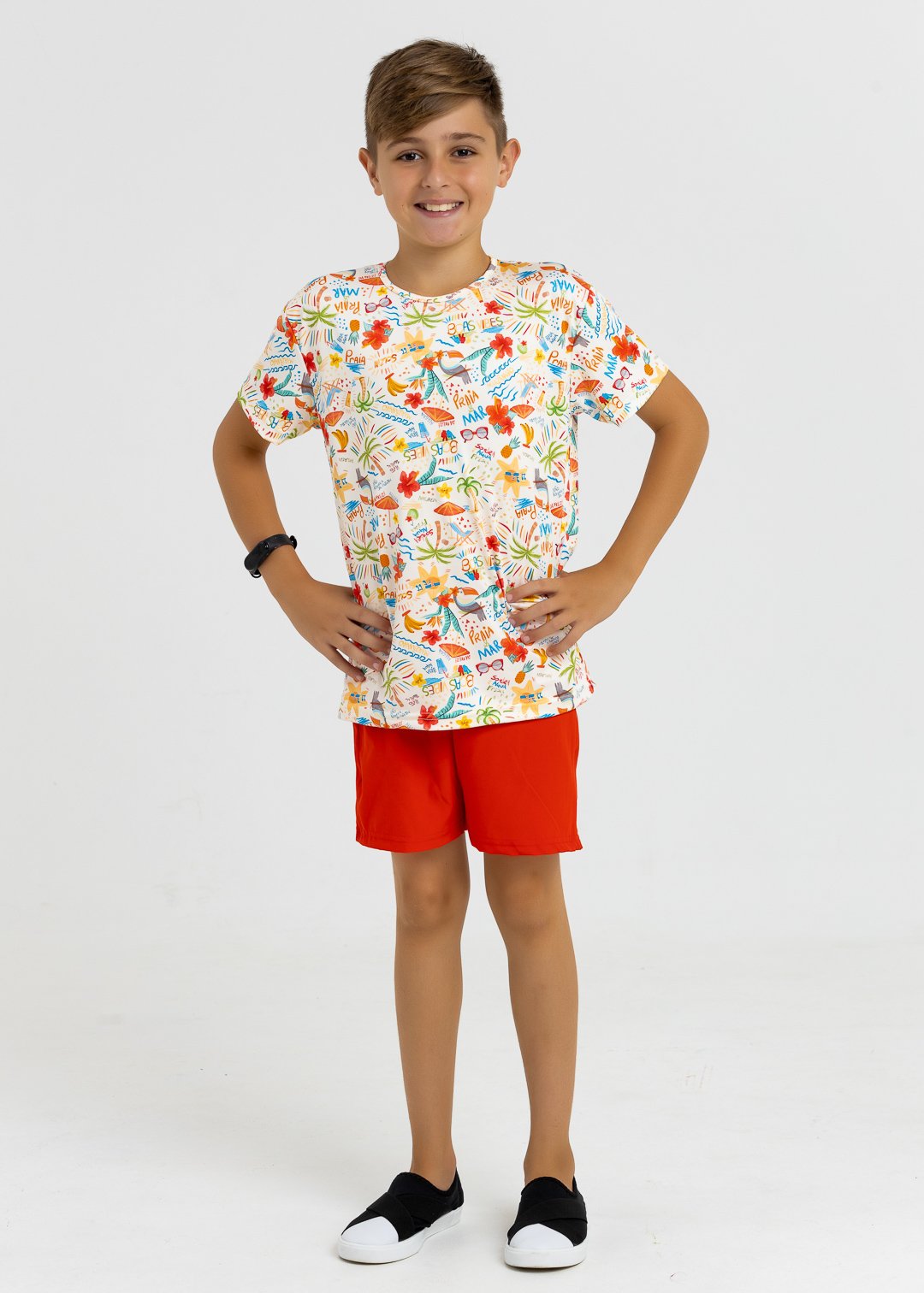 comprar moda infantil direto de fabrica online brilha kids camiseta uv 50 e bermuda tacetl vermelha