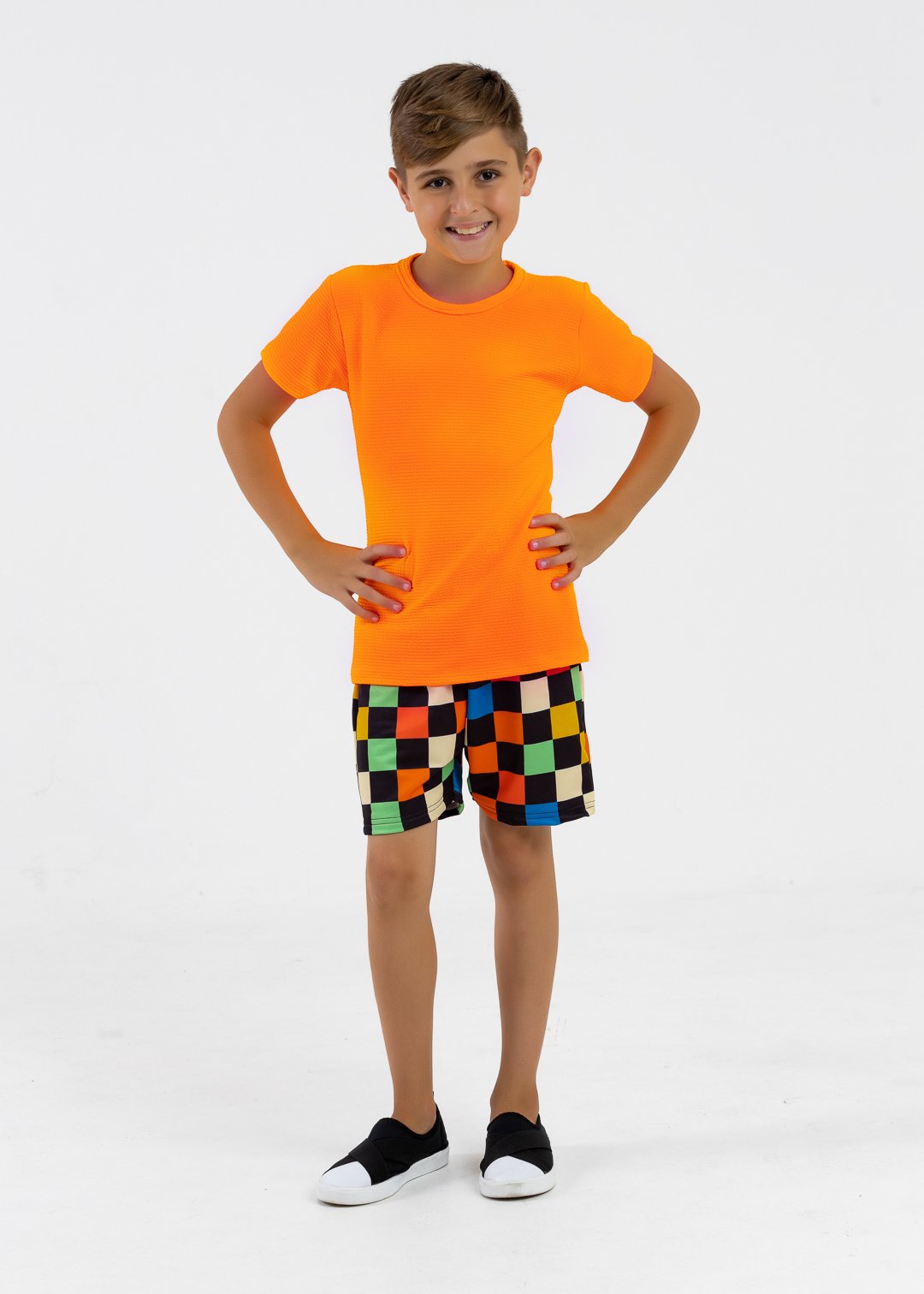 comprar moda infantil direto de fabrica online brilha kids camiseta turim laranja bermuda xadrez