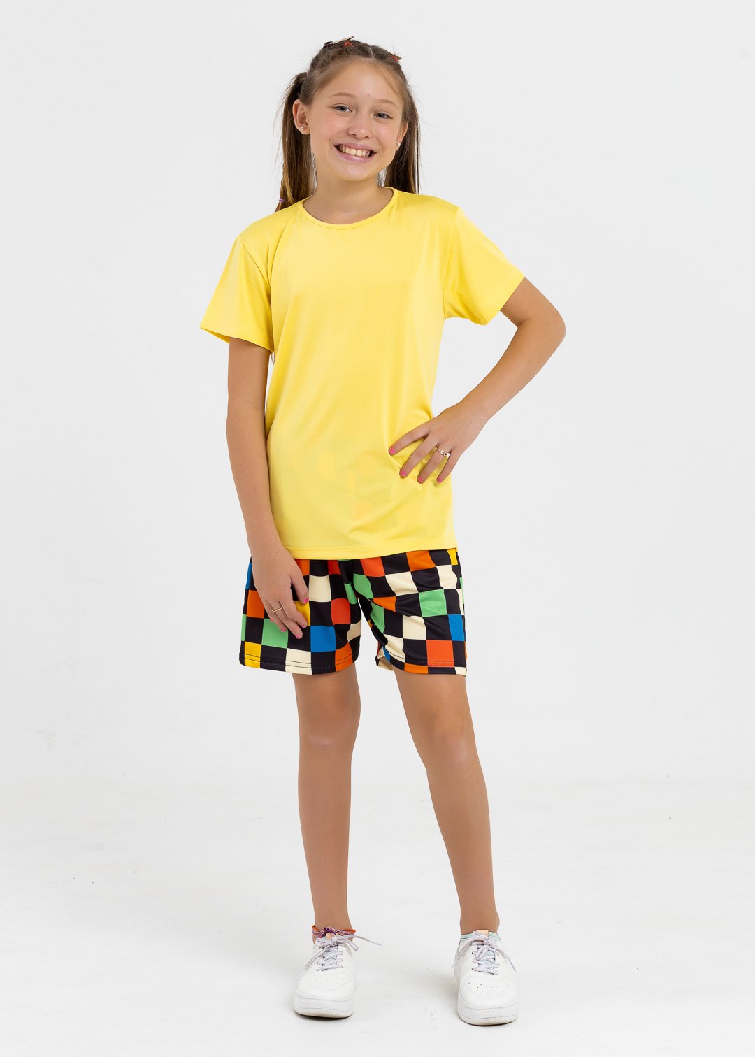comprar moda infantil direto de fabrica online brilha kids camiseta uv50 amarela bermuda xadrez