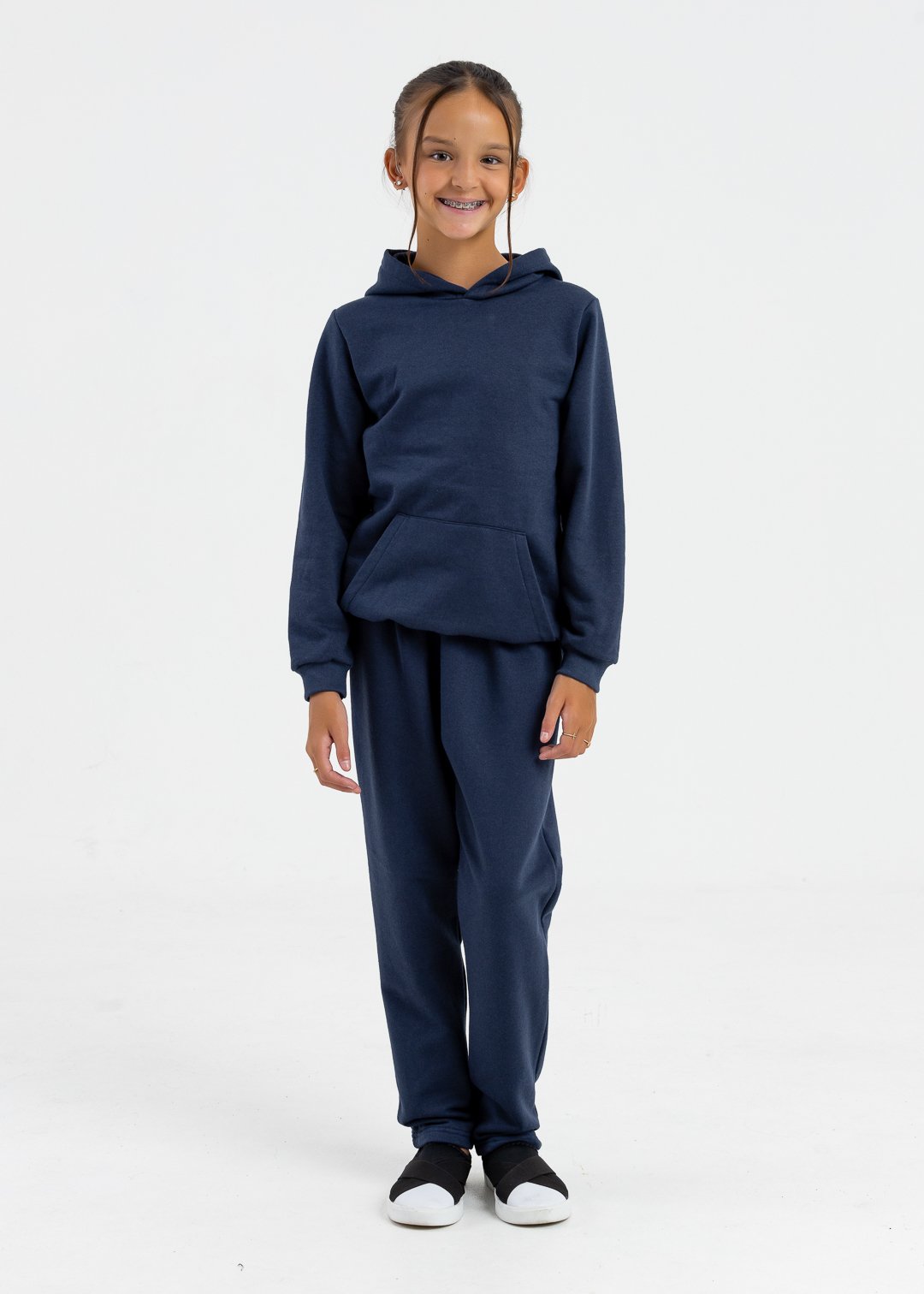 comprar moda infantil direto de fabrica online brilha kids moletom casaco com bolso e calca bainha azul marinho
